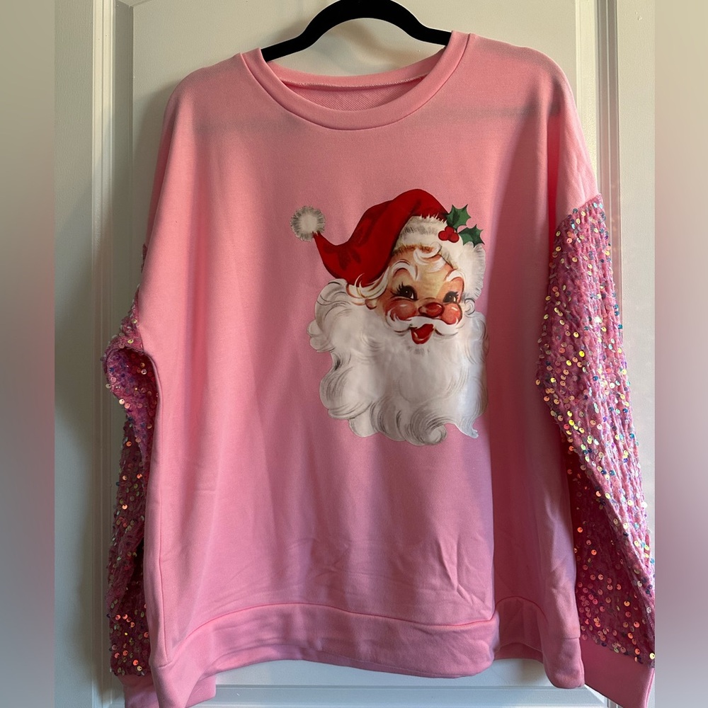 Pink Santa Sweatshirt with Sequin Sleeves
